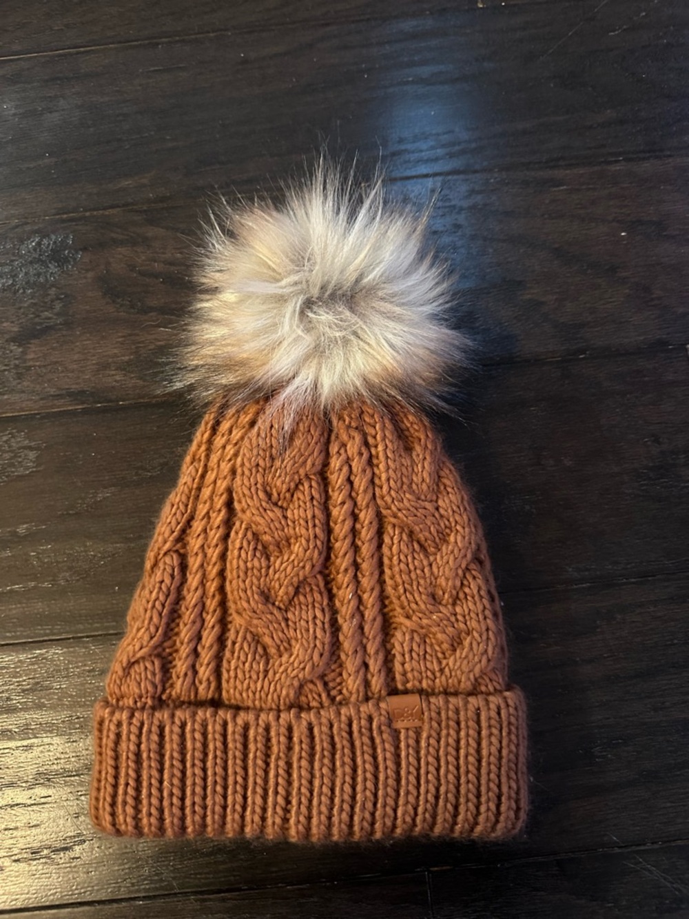 Kids Cable Knit Beanie with Faux Fur Pom - Brown